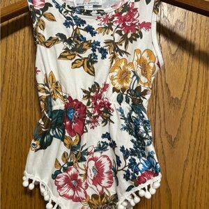 Floral Sleeveless Top with Pom Pom Trim